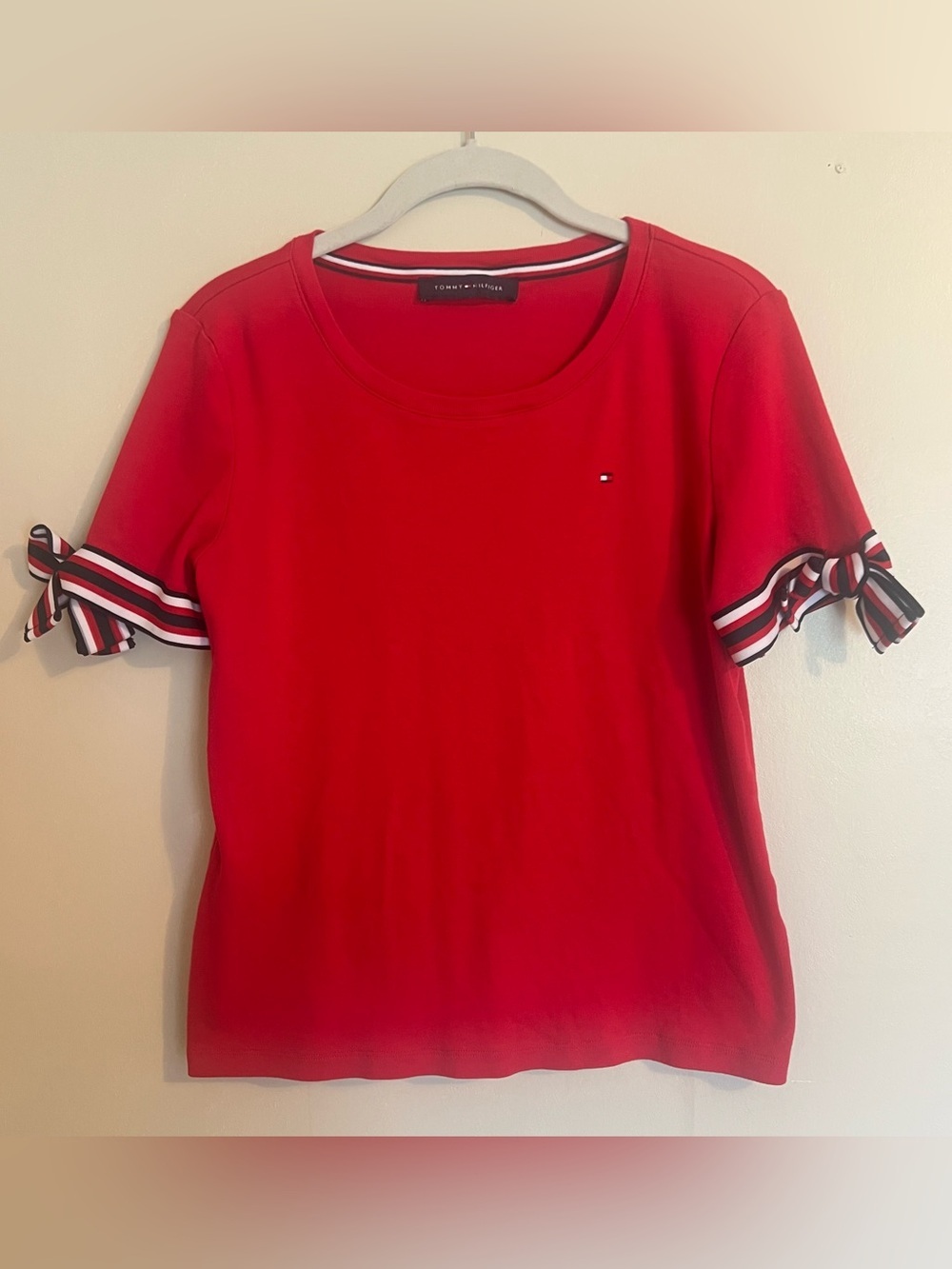 Tommy Hilfiger Red Short Sleeve Tee with Striped Sleeve Ties